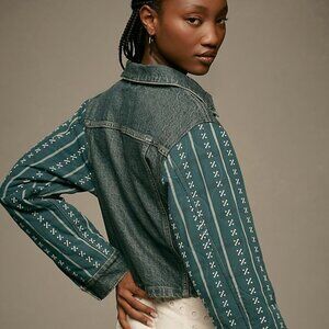 Anthropologie Pilcro Crafted Sleeve Quilted Blue Denim Jacket Size Womens M